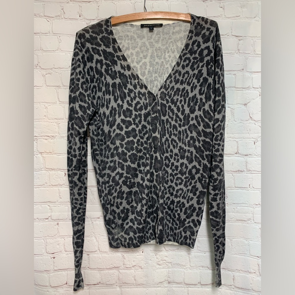 Christopher Kane Gray Leopard Print Silk Cashmere Knit Cardigan Size L